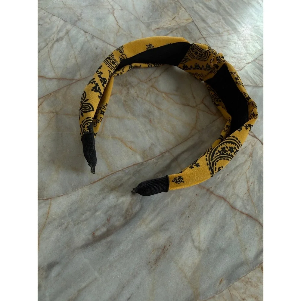 Yellow Paisley Bandana Top Knot‎ Headband Black Western Boho Hair Accessory
